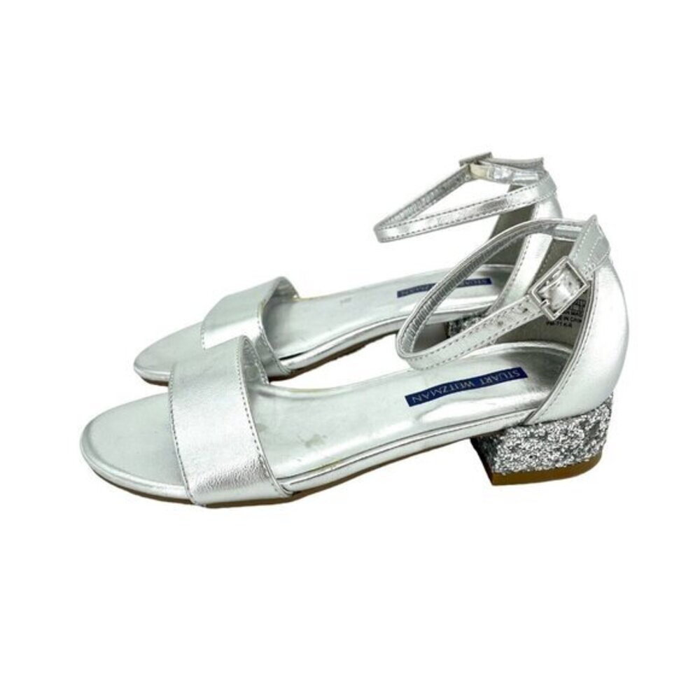 Stuart Weitzman Penelope Girls Silver Glitter Sandals Ankle Straps SZ 13